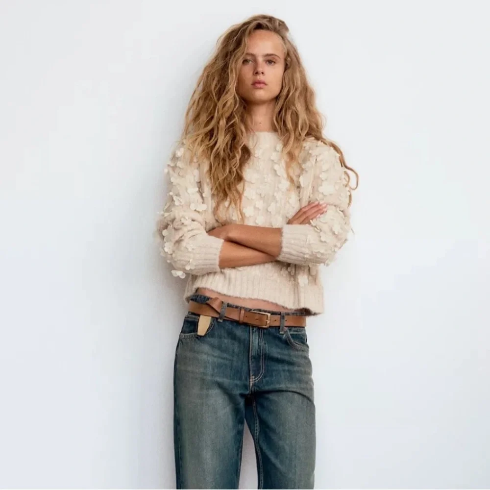 Zara Cream Combination Knit Floral Sweater Size Small Excellent Condition!